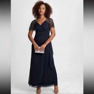 Laura Plus Embellished Mesh Navy Maxi Dress with Beaded Sleeves